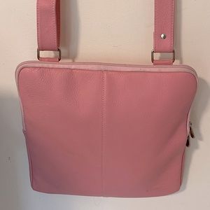 Queros pink leather Crossbody bag w/ silver details. Teal lining NWOT.